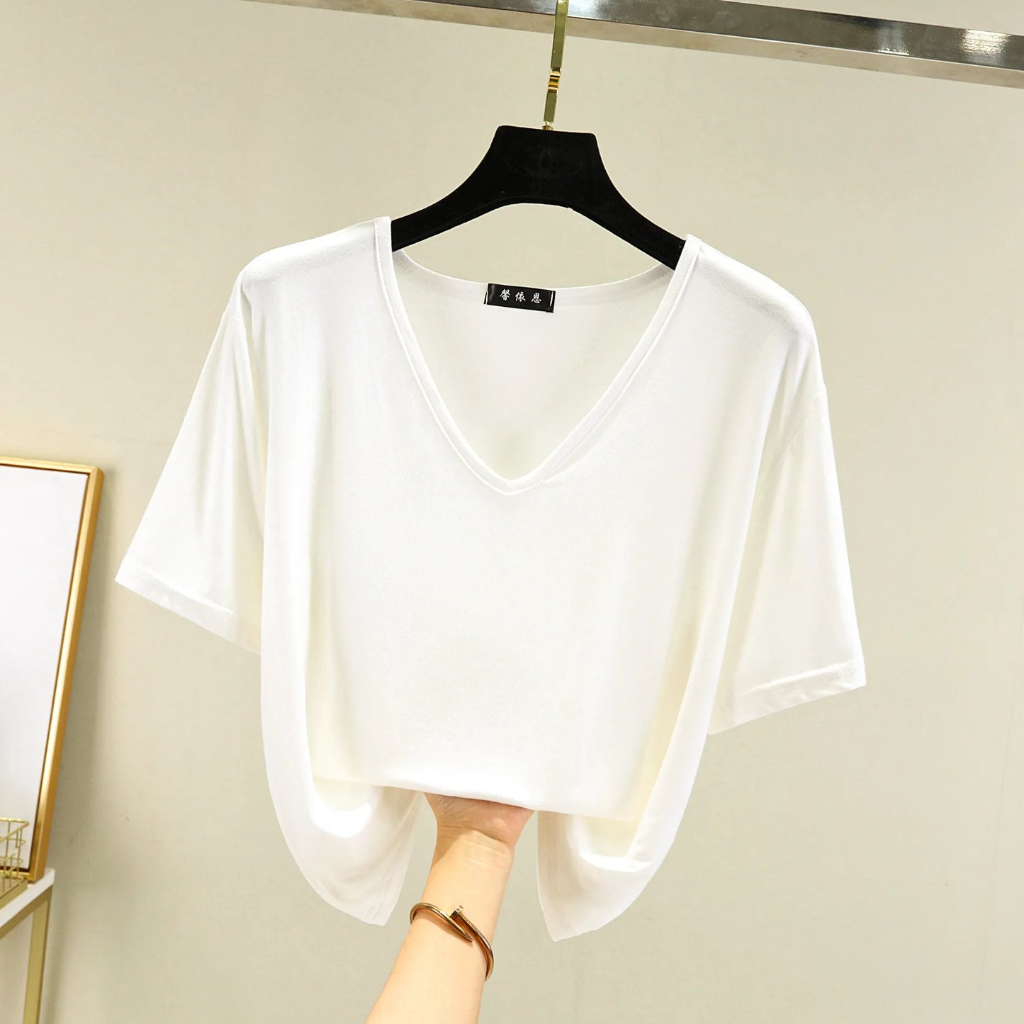 Women's T-shirt Modal V-Neck Short sleeves Tops Summer Casual T Shirts  Solid color Loose basic Bottoming Tees