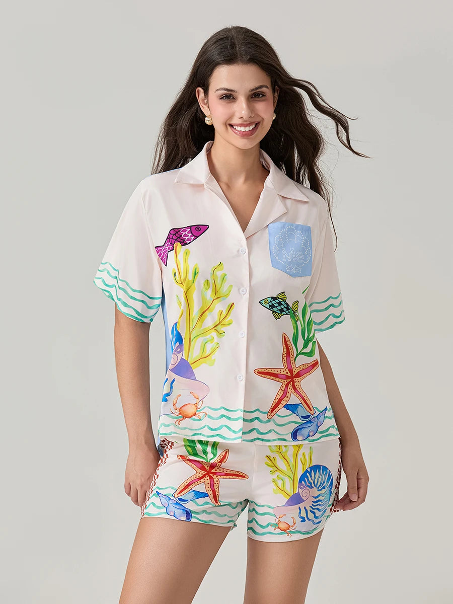 Women 2 Piece Shorts Outfits Ocean Print Button Short Sleeve Lapel T-Shirt and Elastic Shorts Club Streetwear Clothes Pjs Lounge