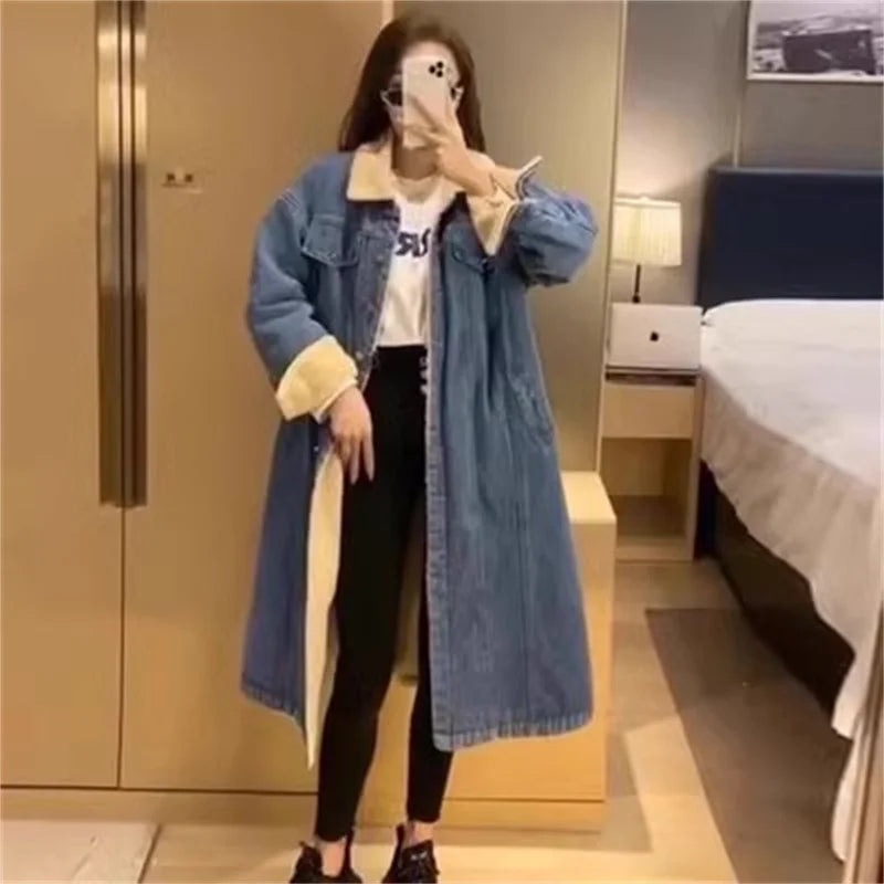 2023 Winter Lamb Wool Denim Coat Women Mid length Style Loose Temperament BF Slim and Thickened Warm Fried Street Cotton Coat