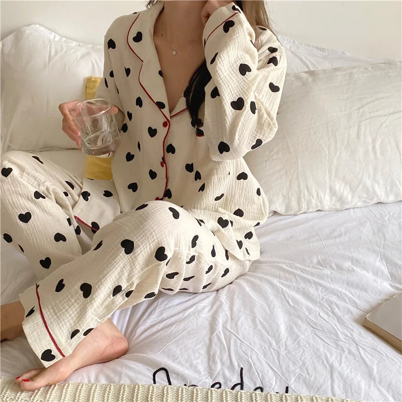 2 Pieces Womens Pajamas Long Sleeve Sleepwear Korean Heart Print Pijama Set Casual Nightwear Lady Home Suit Spring Pyjama Nighty