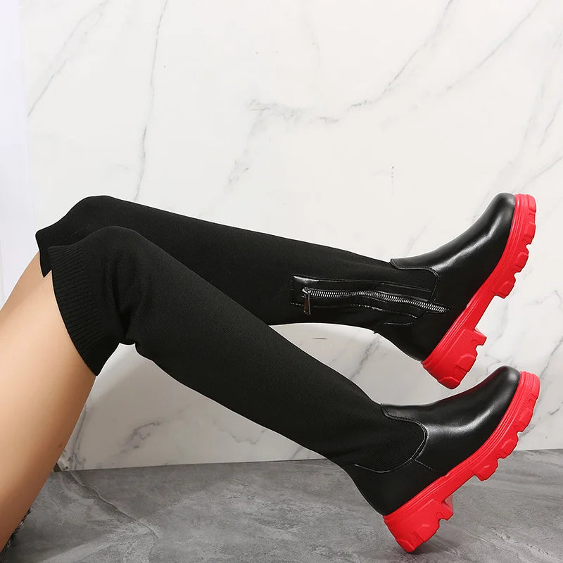 2024 Women's Boots Platform Shoes Over-the-knee Thigh High Knitting Socks Chunky Long Designer New Rock Plus Size Goth Lolita