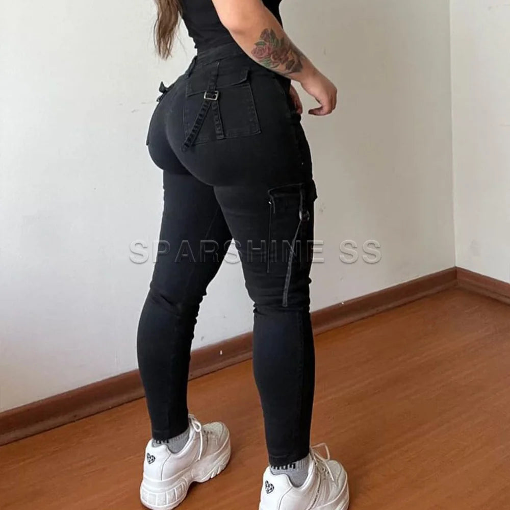 Vintage Streetwear Skinny Jeans Women Retro Y2K High Waist Jeans Casual Wash Cargo Pants Women Autumn Winter Legging Denim Pants