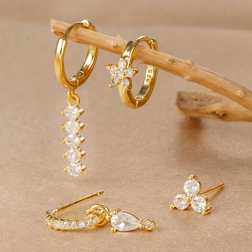 4PCS Simple Crystal Zirconia Square Dangle Earrings Set For Women Korean Stainless Steel Pendant Stud Earring Piercing Jewelry Viralgem Store