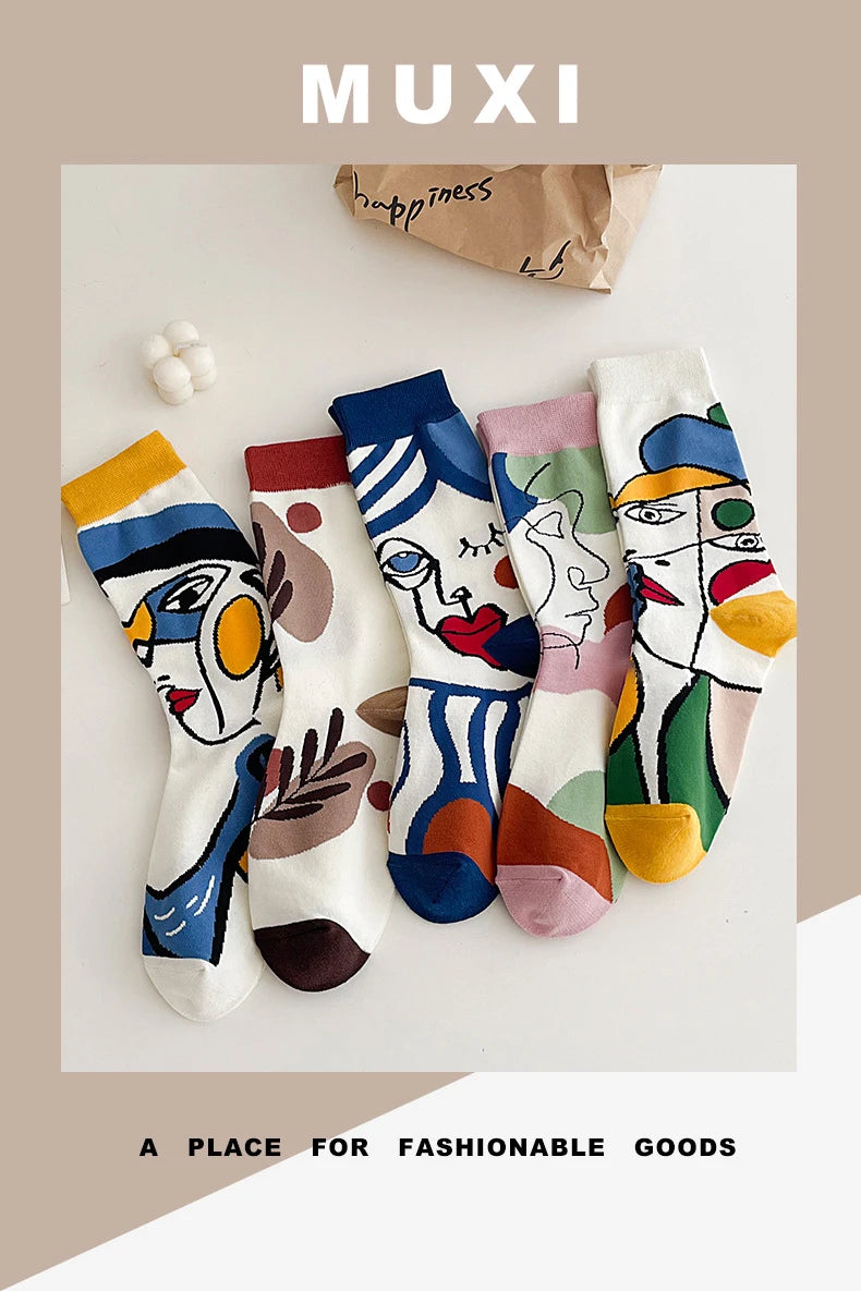 5 Pairs Personality Tide Socks Graffiti Socks Funny Korean Version Sports Couple Socks Harajuku Style Colorful Cute Flower Socks