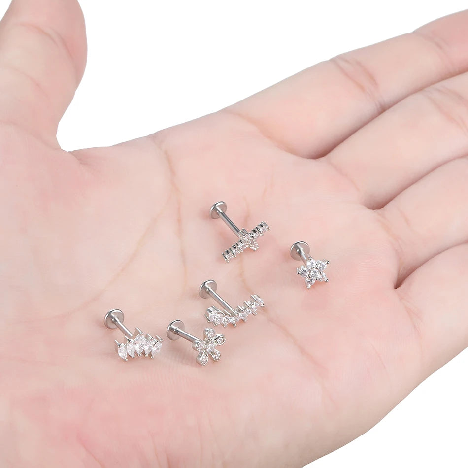 1PC Lip Stud Stainless Steel Ear Piercing Earring Nail Moon Ring Crystal Flower Cross Cartilage Tragus Screw Body Jewelry New