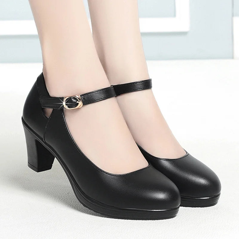 Spring Soft Leather Shoes Women Round Toe Platform Pumps Thick Heel Fashion Temperament Elegant Black Work Single Shoes Viralgem Store