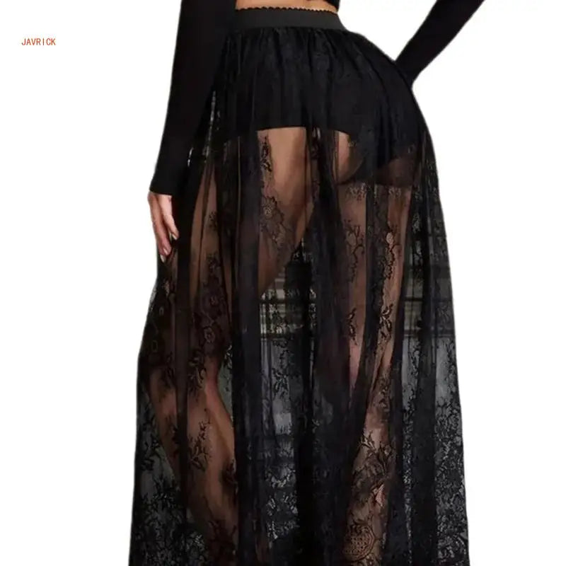 Women 2 in1 Flowys Meshes Lace Maxi Skirts A Line Long Skirt with Shorts Bottom Festival Raves Clothes Halloween Costume