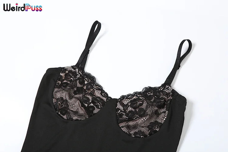 Weird Puss Sexy Camis Dress Women Skinny Patchwork Chest Summer Elegant Skinny Elastic Stretch Maxi Bodycon Clubwear Vestidos