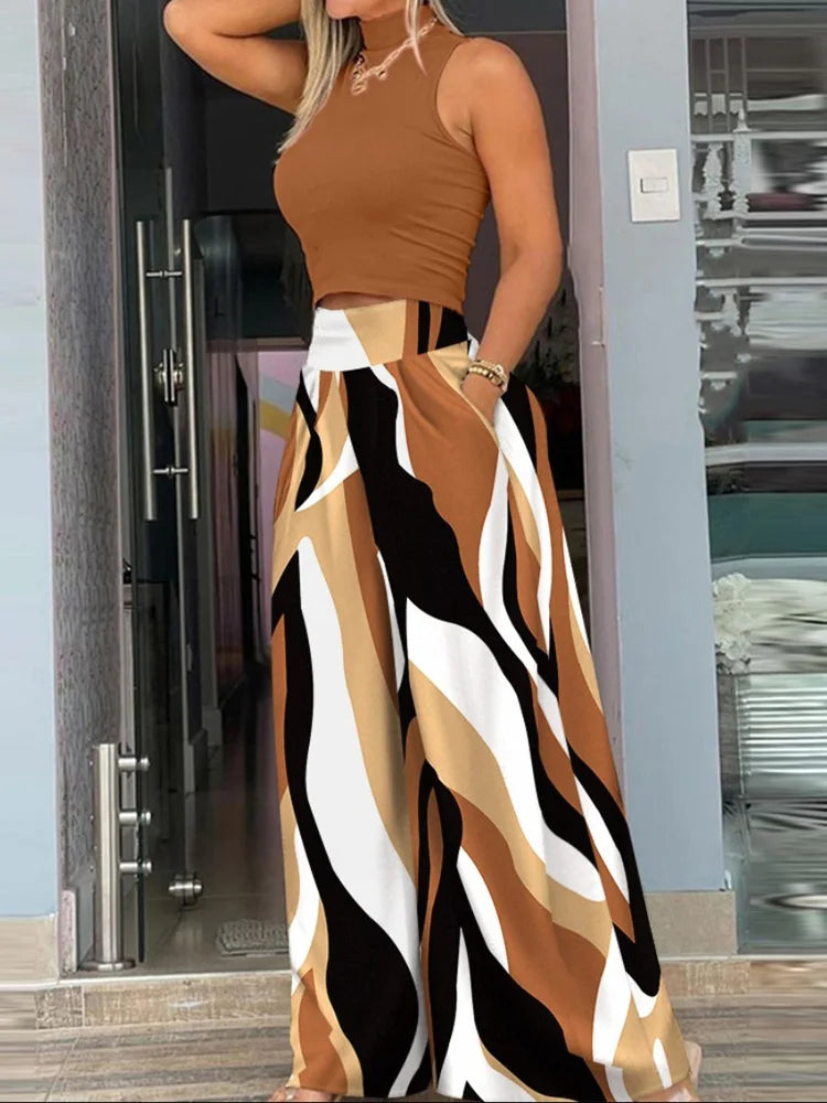 2025 Summer Fashion Printing Two Piece Set Women Casual Solid Sleeveless Tank Top Wide Leg Pants Two Piece Set Women Viralgem Store