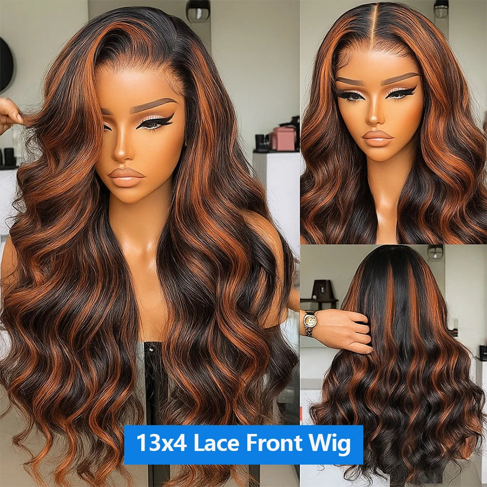 Upgraded 1B/30 Balayage Body Wave 13x4 Highlight Lace Front Human Hair Wig Vietnamese 30 Inch Omber Brown Colored Wig Human Hair Viralgem Store