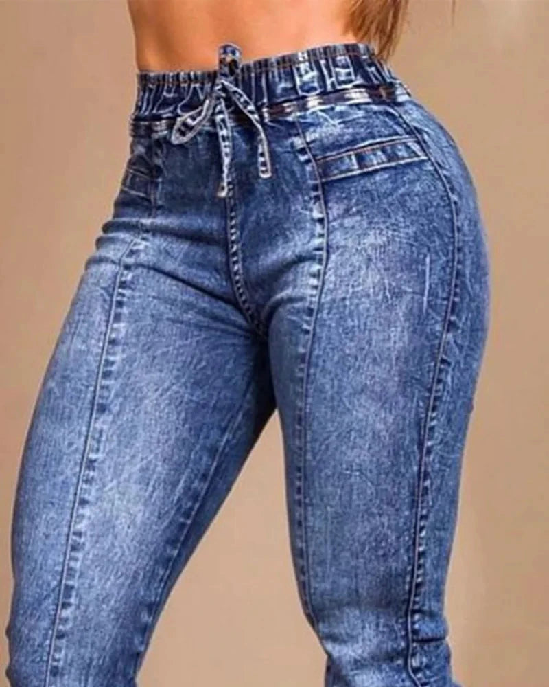 Women Jeans Elastic Waist Solid Color Pencil Pants Pockets Streetwear Casual Slim Fit High Street Flat Zipper 2023 Autumn Viralgem Store