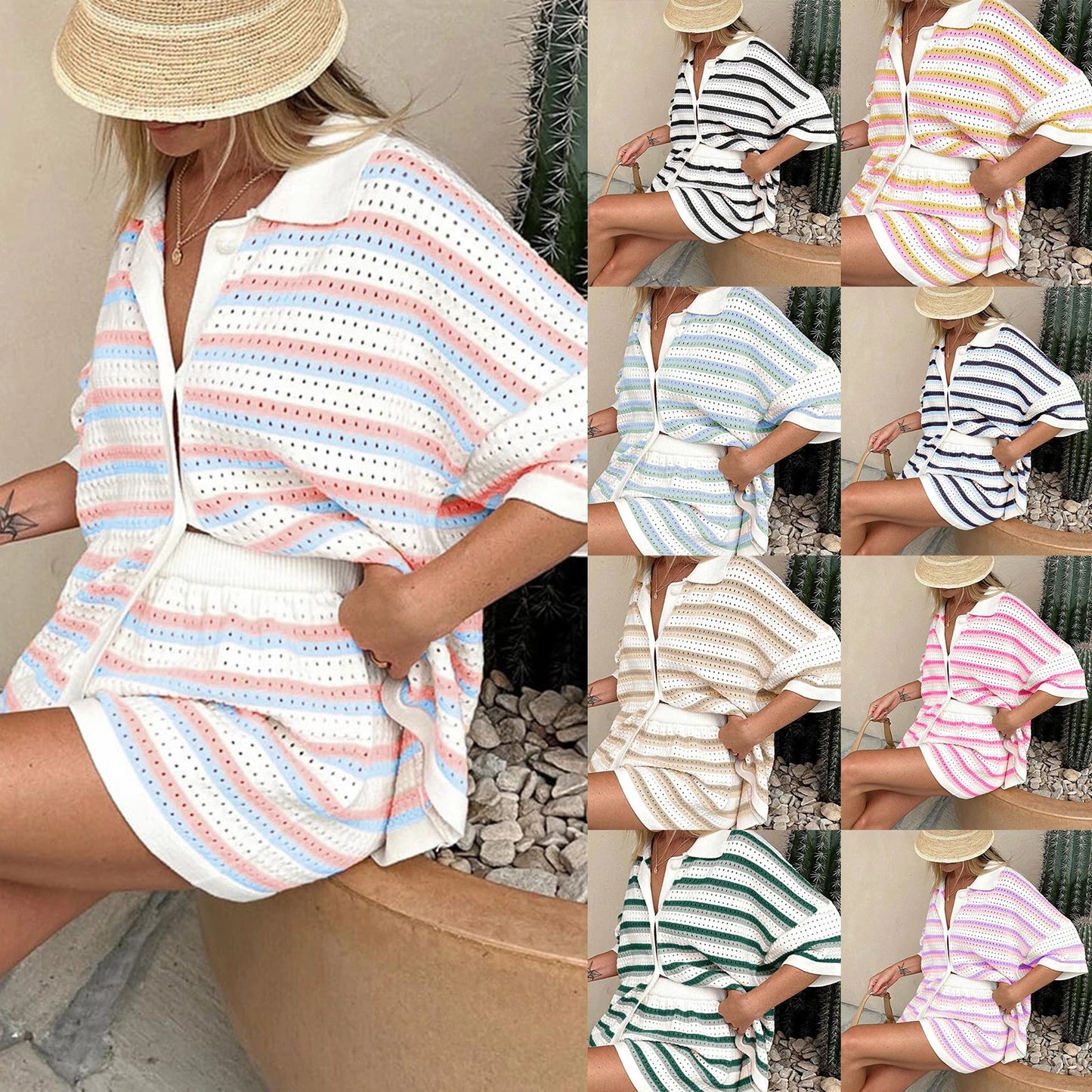 Womens Short Sleeve Striped Pajama Sets 2 Pieces Loungewear Color Block Crochet Knit Button Top and Shorts Lounge Sets Sleepwear Viralgem Store