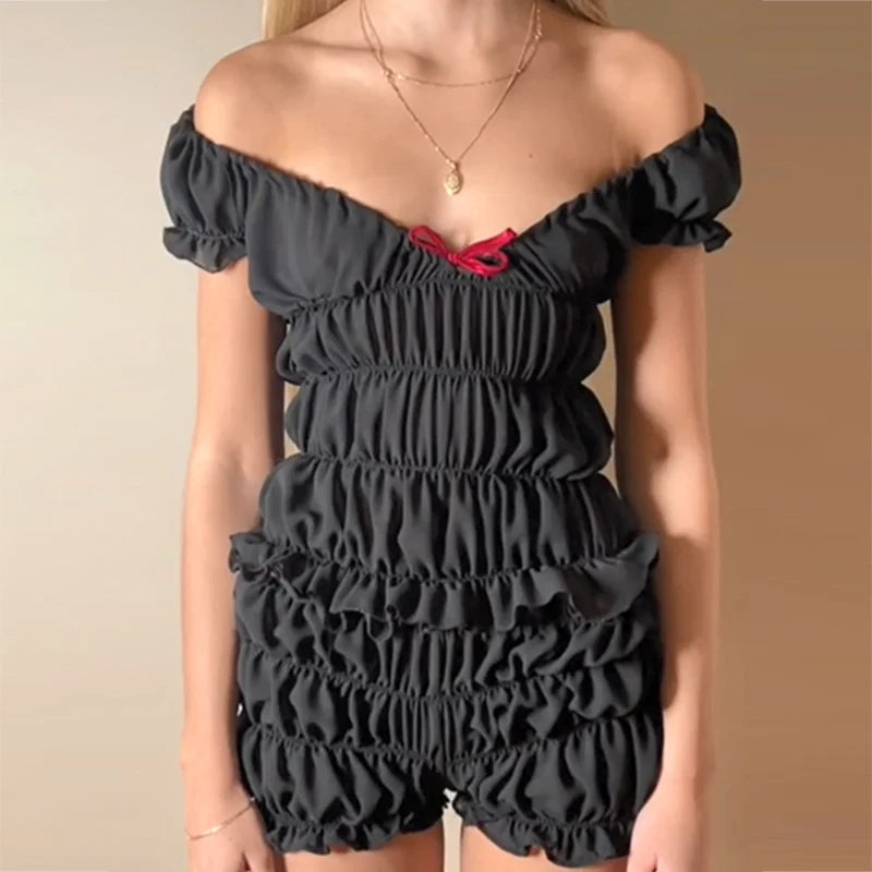 2000s Retro 2 Piece Set Cottage Lounge Vintage Ruched Off Shoulder T-shirt Crop Tops + Shorts Kawaii Pajamas Women Y2K Outfits Viralgem Store