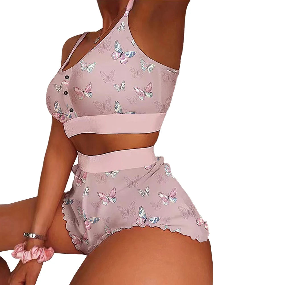 Women's Fashion Print Pajama Set Frill Hem Short + Sleeveless Crop Top Sleepwear Nightwear Lingerie Sweet Viralgem Store