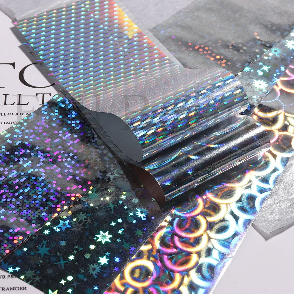 10Pcs Hologram Transfer Foil Nails Laser Stars Holographic Nail Stickers Mermaid Tail Sliders Metallic Gel Polish Wraps NLXKY01