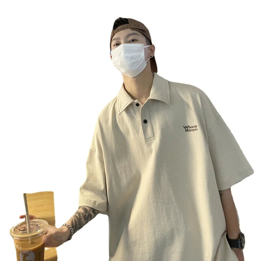 Trendy Polo Shirt Loose Fit Casual Men's Lapel Top Hk Style Hip Hop Short Sleeve T-shirt Fashion Outerwear