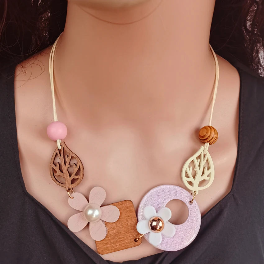 Vintage Ethnic Geometric Wooden Bib Necklace Women Wood Leaves Flower Collar Handmade Adjustable Choker Long Necklaces Pendants Viralgem Store
