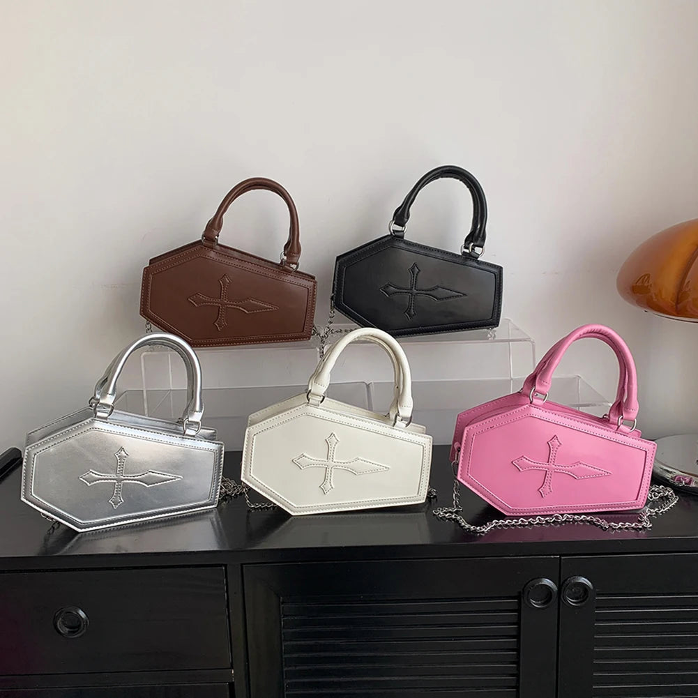 Women Crossbody Bag Large Capacity Coffin Shape Phone Shoulder Bag Halloween PU Top Handle Bag for Travel Make Up Cosmetic Bag