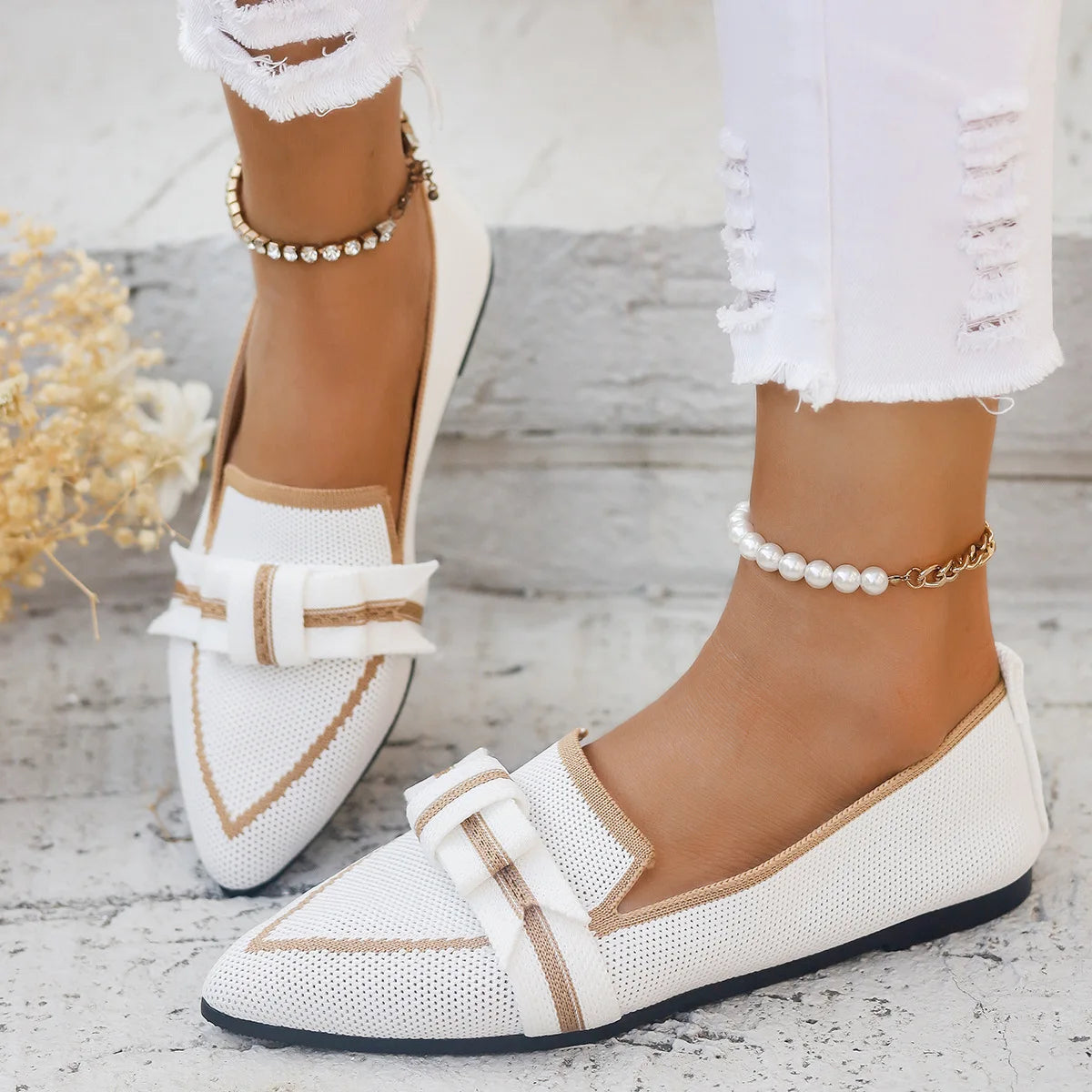 Women Flats 2024 New Knitted Slip Breathable Comfortable Solid Color Shoes Casual Pointed Toe Walking Loafers Sneakers Women Viralgem Store