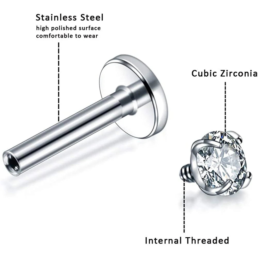 WKOUD 16g Stainless Steel Lip Labret Piercing Crystal Ball Monroe Lip Stud Helix Tragus Conch Cartilage Earrings 6/8/10mm