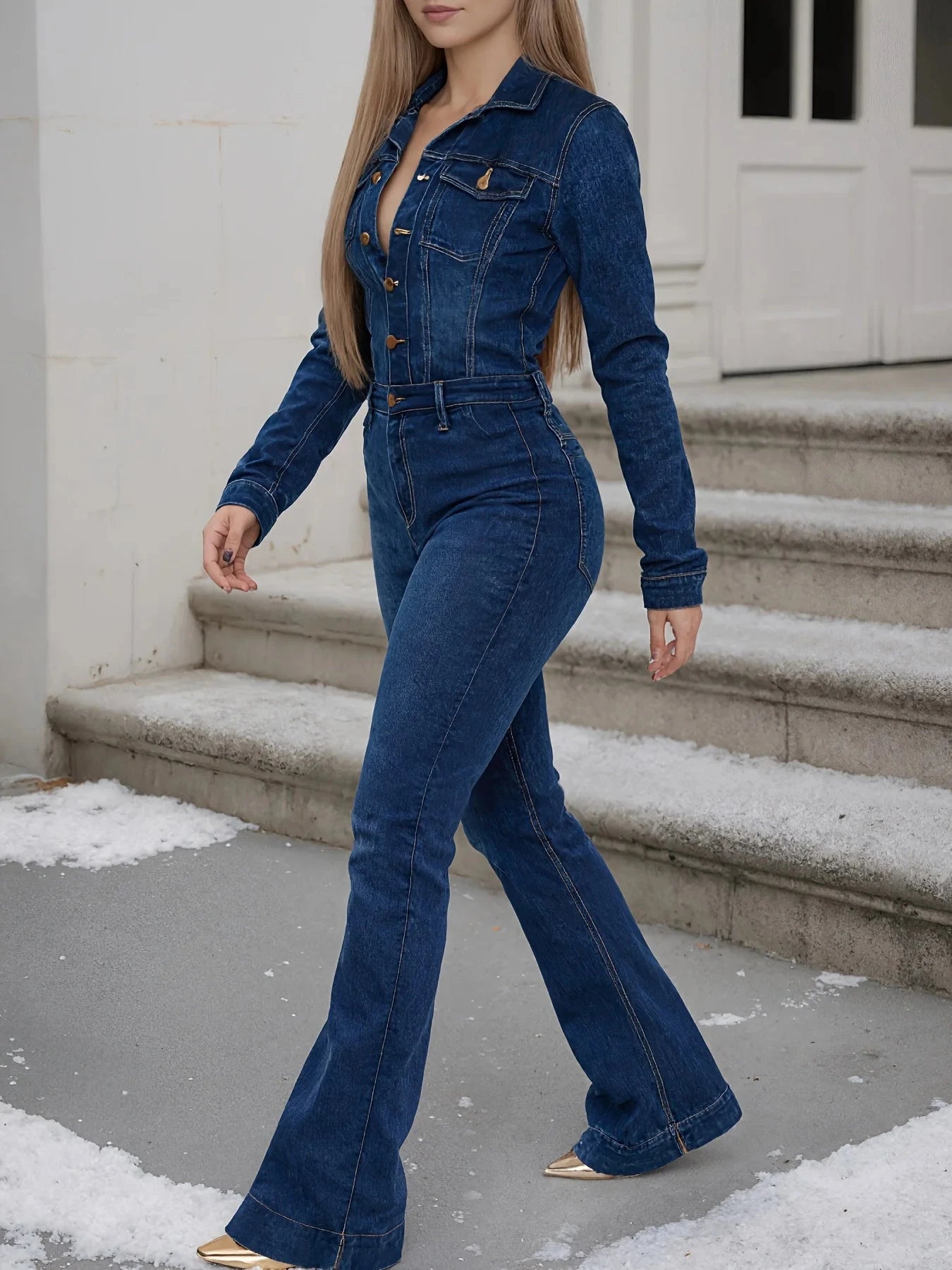 Women's new fashionable elastic hip lifting denim jumpsuit with long sleeved button design, elegant and sexy denim jumpsuit, Viralgem Store