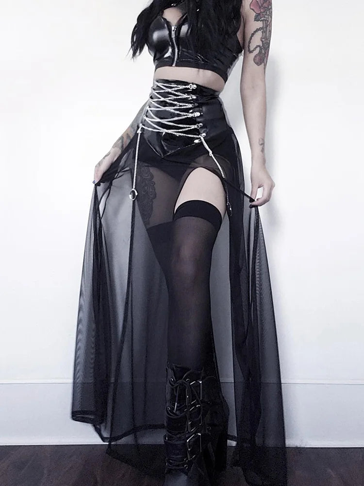 Yangelo Goth Grunge Skirt With Buckle Women Y2K Punk Sexy Bottoms Patchwork Split Long Skirts Summer Zipper See Through Clothes