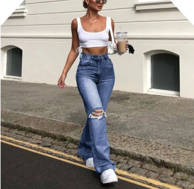 Women's Spring and Fall New Fashion Casual Ripped High-waisted Slightly Flared Pants Jeans Slim-fit Wash Jeans Long Pants Y2k Viralgem Store