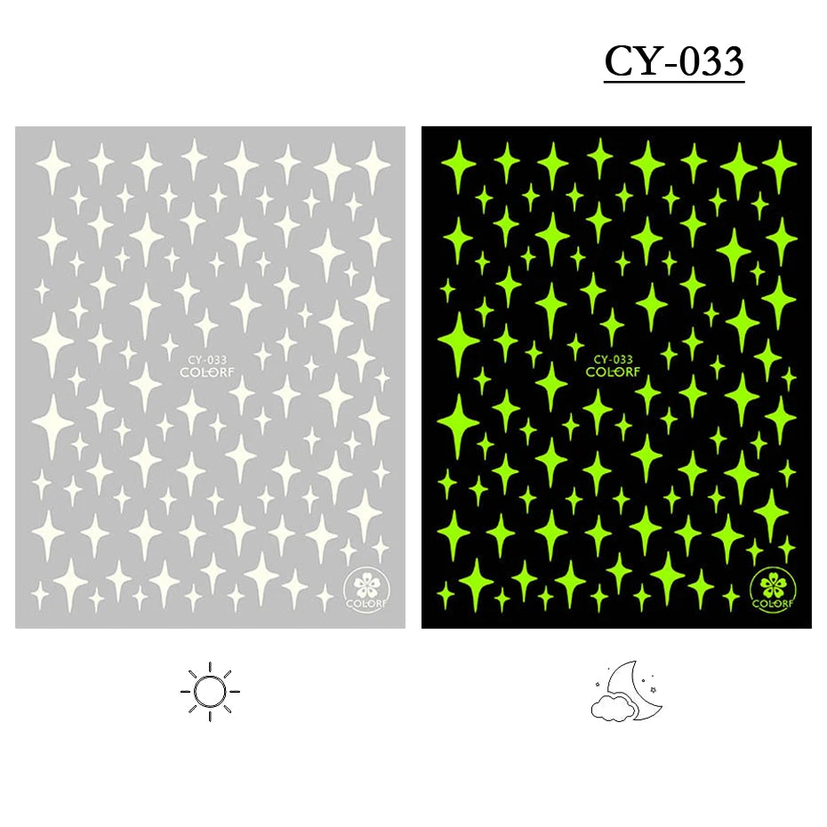 1pcs 3D Luminous Nail Stickers Flame Butterfly Star Moon Glitter Design Glow in The Dark Slider Manicure Decorations JICY028-036