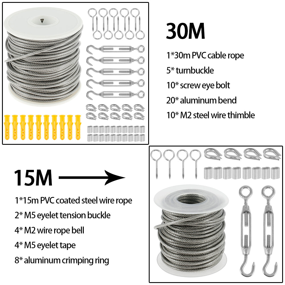 15/30m Cable Guardrail Ropes Awning Install Attachment Set Flexible Wire Soft Stainless Steel Hardware Universal Hoisting Rope