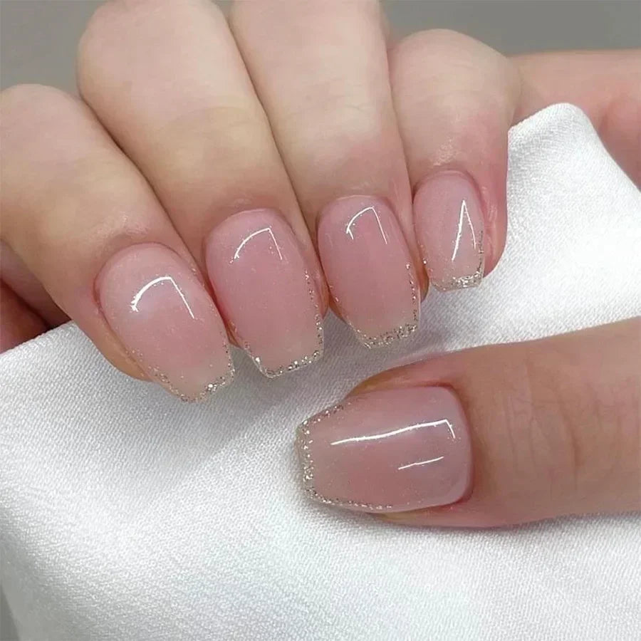 24pcs Short Square Press on Nails Jade Flower Sparkling Powder Designs Fake Nails with Glue Green Gradient Full Cover Nail Tips