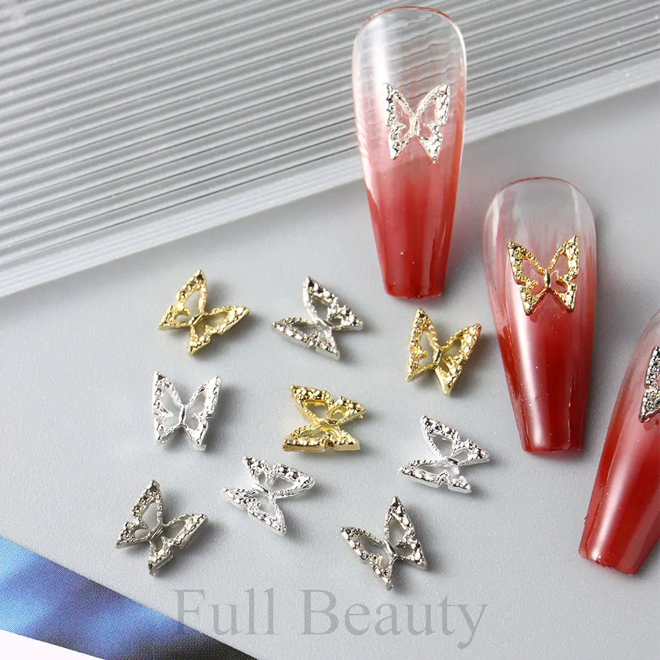 10pcs/pack Butterfly Shaped Nail Charms 3D Gold Silver Butterflies Rhinestone Zircon Jewelry DIY Nail Art Decoration Accessories