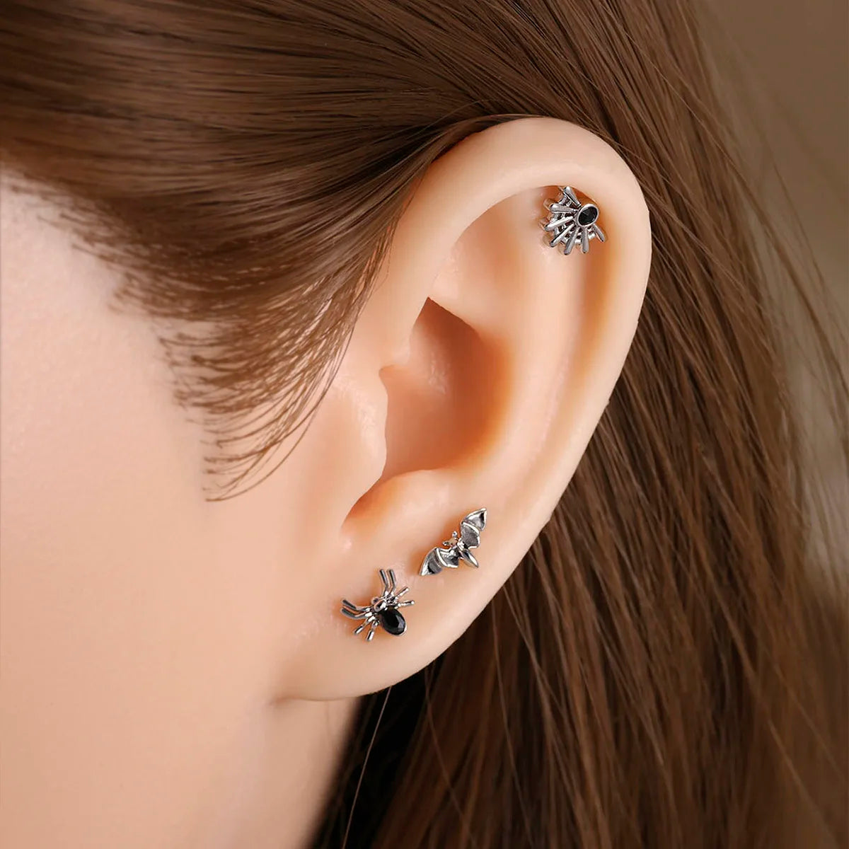 1pc Stainless Steel Rhinestone Lip Stud Crescent Pendant Cross Spider Fan Cartilage flat back Ear Stud Tragus Piercing Earrings