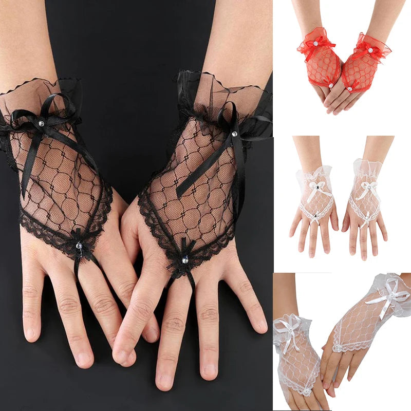 1 Pairs Lace Fingerless Wedding Gloves Beautiful See Through Bowknot Bride Party Gloves Female Vintage Soft Short Gloves Viralgem Store
