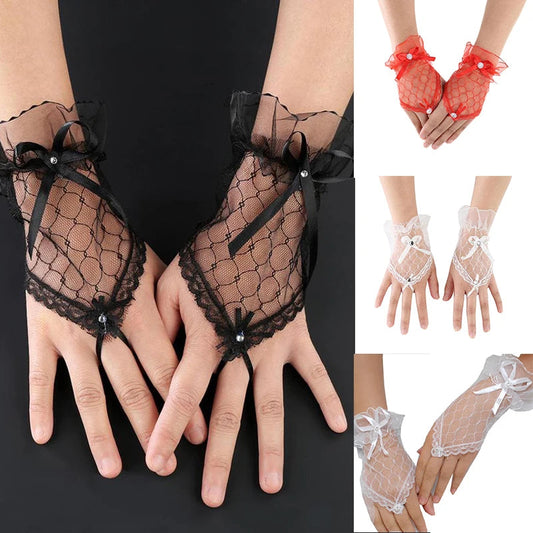 1 Pairs Lace Fingerless Wedding Gloves Beautiful See Through Bowknot Bride Party Gloves Female Vintage Soft Short Gloves Viralgem Store