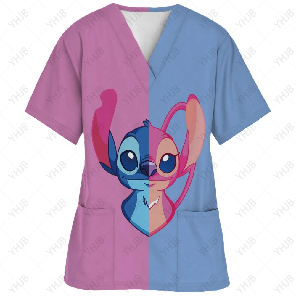 Top Women 2024 Minnie Mouse Tops Disney T Shirt Pocket T-shirts Hospital T-shirt Summer Nurse Uniform Woman Clothes Mickey Tees