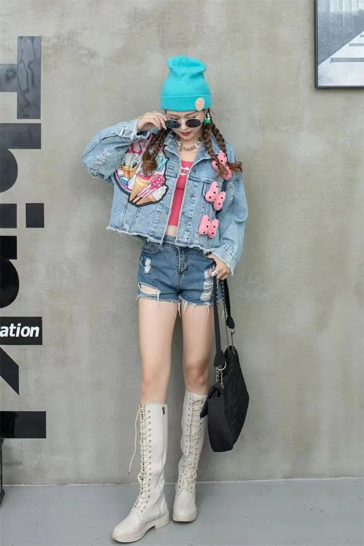 2024 New Women Coat Cartoon Sticker Embroidered Sequin Short Denim Jacket Loose Bowknot Top