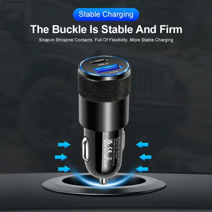 3.1A USB Car Charger Aluminum Alloy PD Fast Charging for Mobile Phone Tablet 15W Dual Port Car Charger Adapter Fast Car Charger