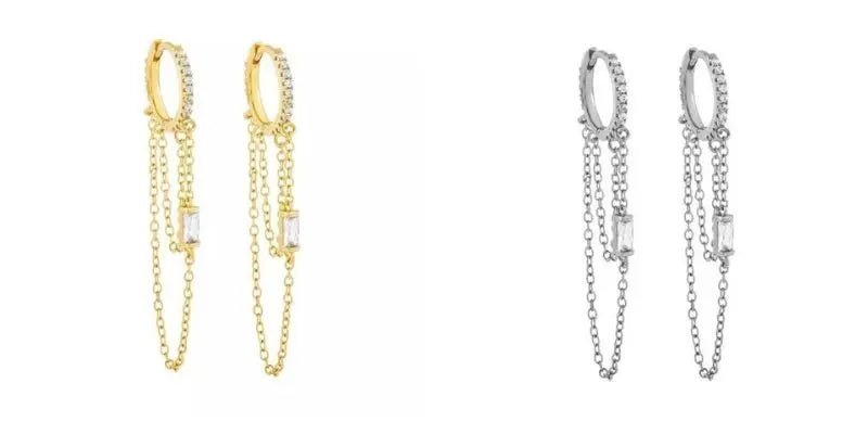 YUXINTOME 1PC 925 Sterling Silver Ear Needle Colorful Zircon Chain Tassel Hoop Earrings for Women Two Holes Earring Jewelry A45