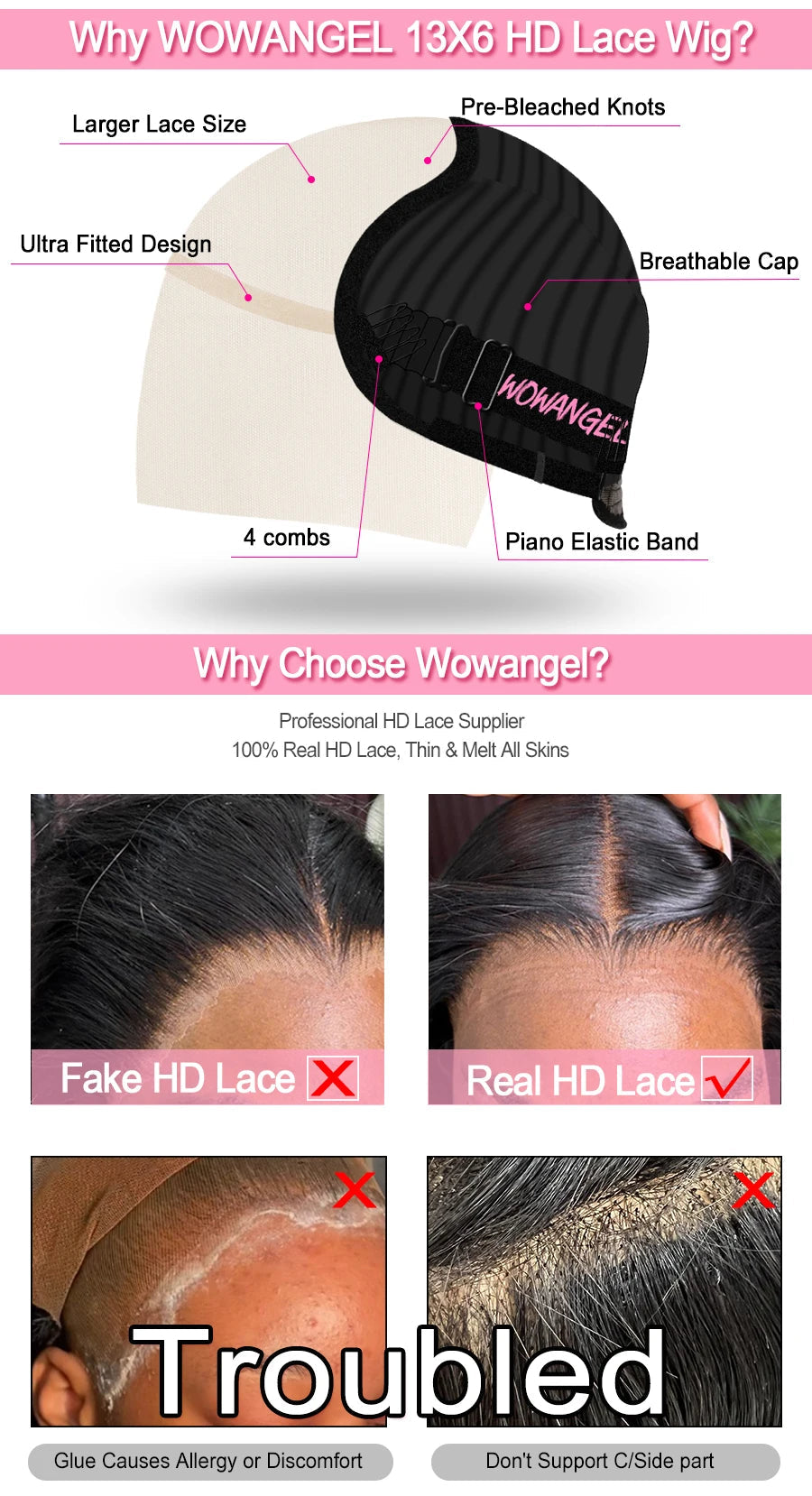 WowAngel 250% Upgraded 13x6 HD Lace Full Frontal Wigs Glueless Straight Human Hair Wigs Pre Plucked Natural Scalp Brazilian Hair Viralgem Store