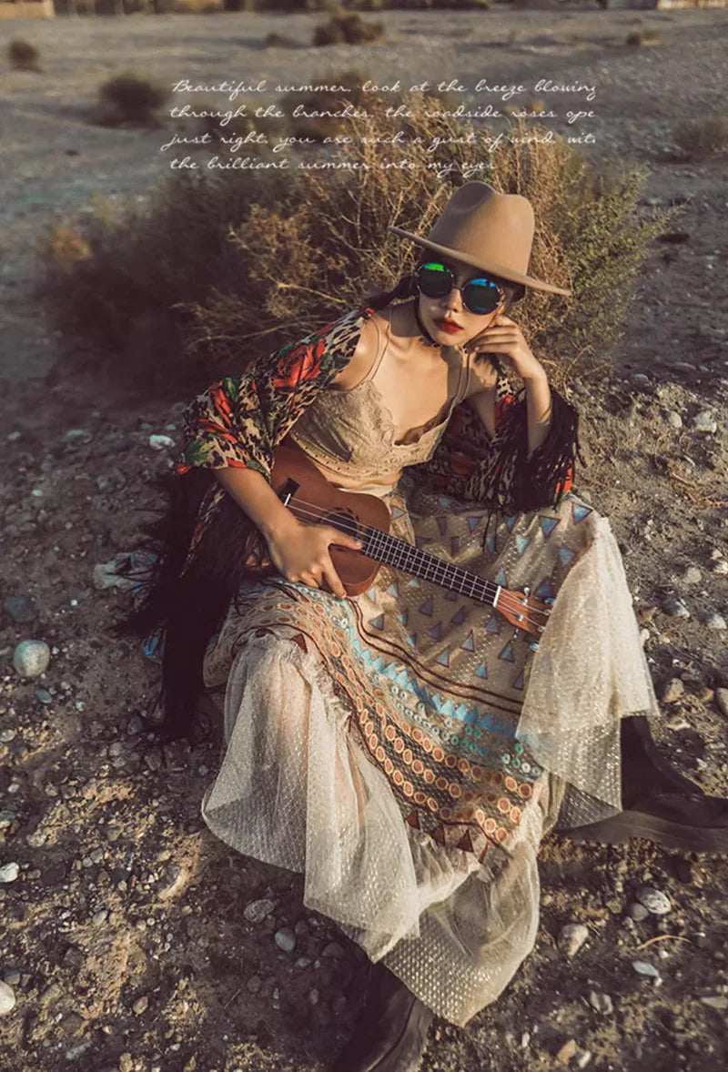 Women‘s Travel Holiday Wear Bohemian Colorful Embroidery Lace Ruffles Skirt Asymmetrical Hem Skirt Female Shiny Gold Mesh Skirts