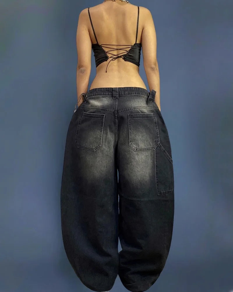 Y2K New Harajuku Fashion Black Washed Old Baggy Jeans Women Street Trend Vintage Hip Hop Gothic High Waist Wide Leg Wide Pants