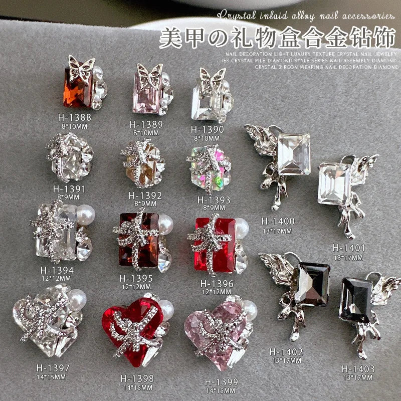 5PCS Luxury Sparkle Gift Box Pile Diamonds Crystal Love Alloy X Butterfly Pearl Nail Art Rhinestones Decorations Manicure Charms Viralgem Store