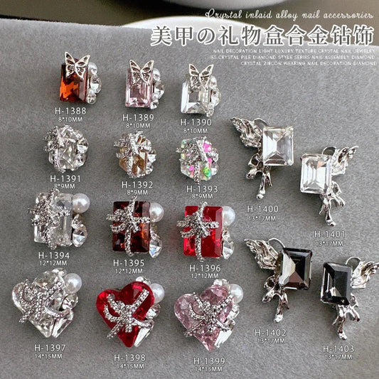 5PCS Luxury Sparkle Gift Box Pile Diamonds Crystal Love Alloy X Butterfly Pearl Nail Art Rhinestones Decorations Manicure Charms Viralgem Store