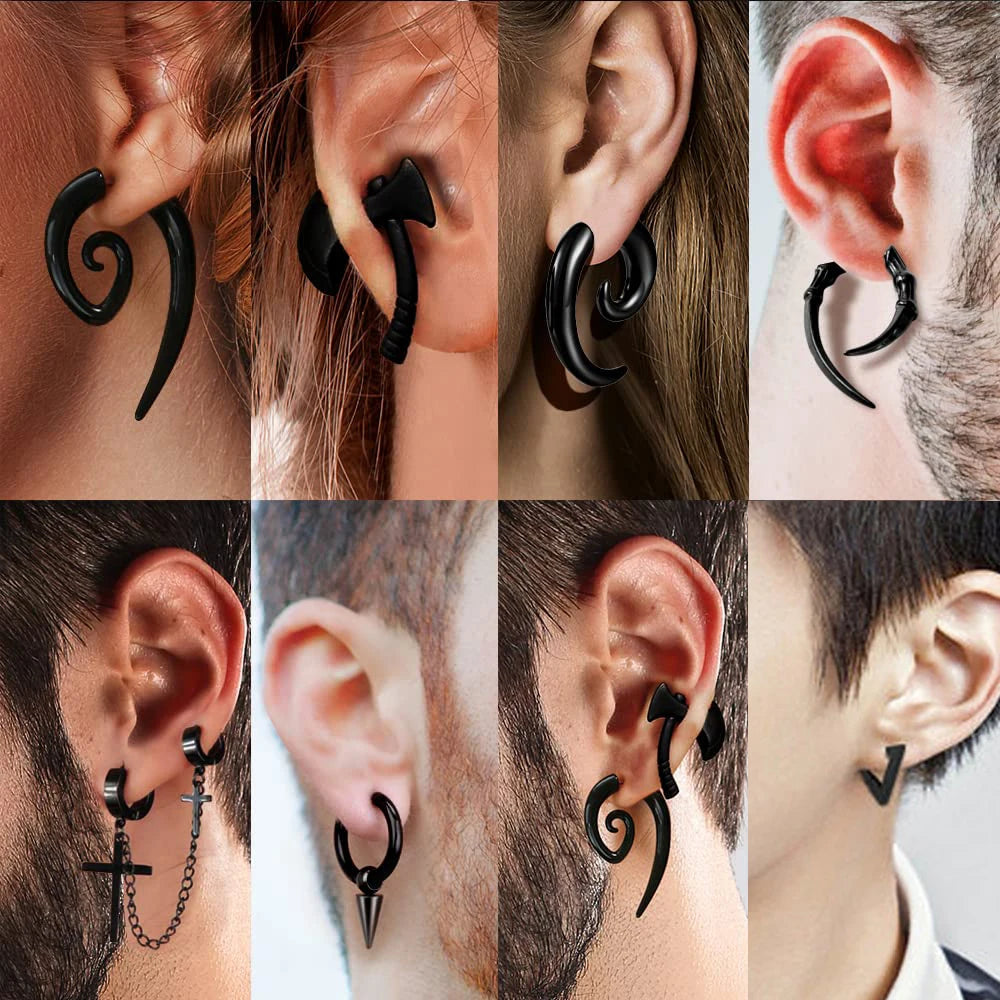 WKOUD 1 Pairs Stainless Steel Punk Black Dangle Earrings For Men Cross Skull Screw Cone Huggie Hoop Long Chain Piercing Hoop Viralgem Store