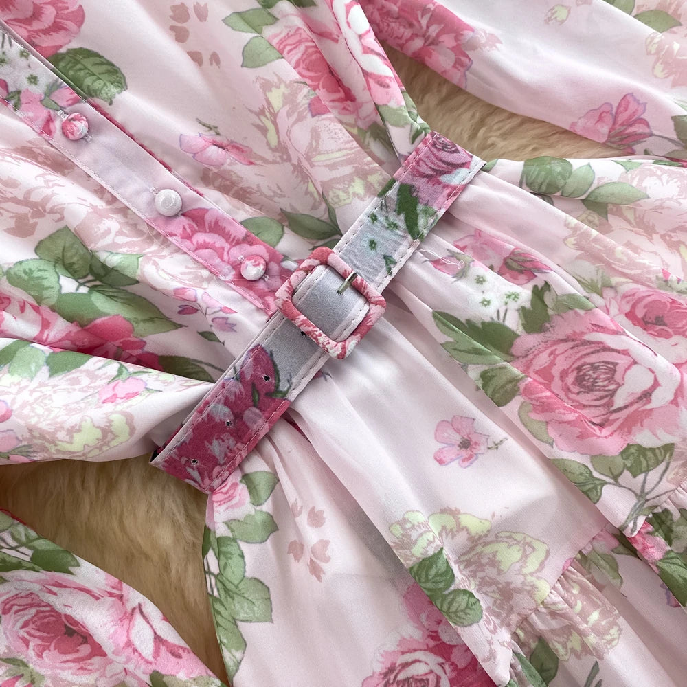 Spring Autumn Women Floral Chiffon Long Dress Vintage Purple/Pink/Black/Beige Stand Collar Single Breasted Maxi Robe Elegant New Viralgem Store