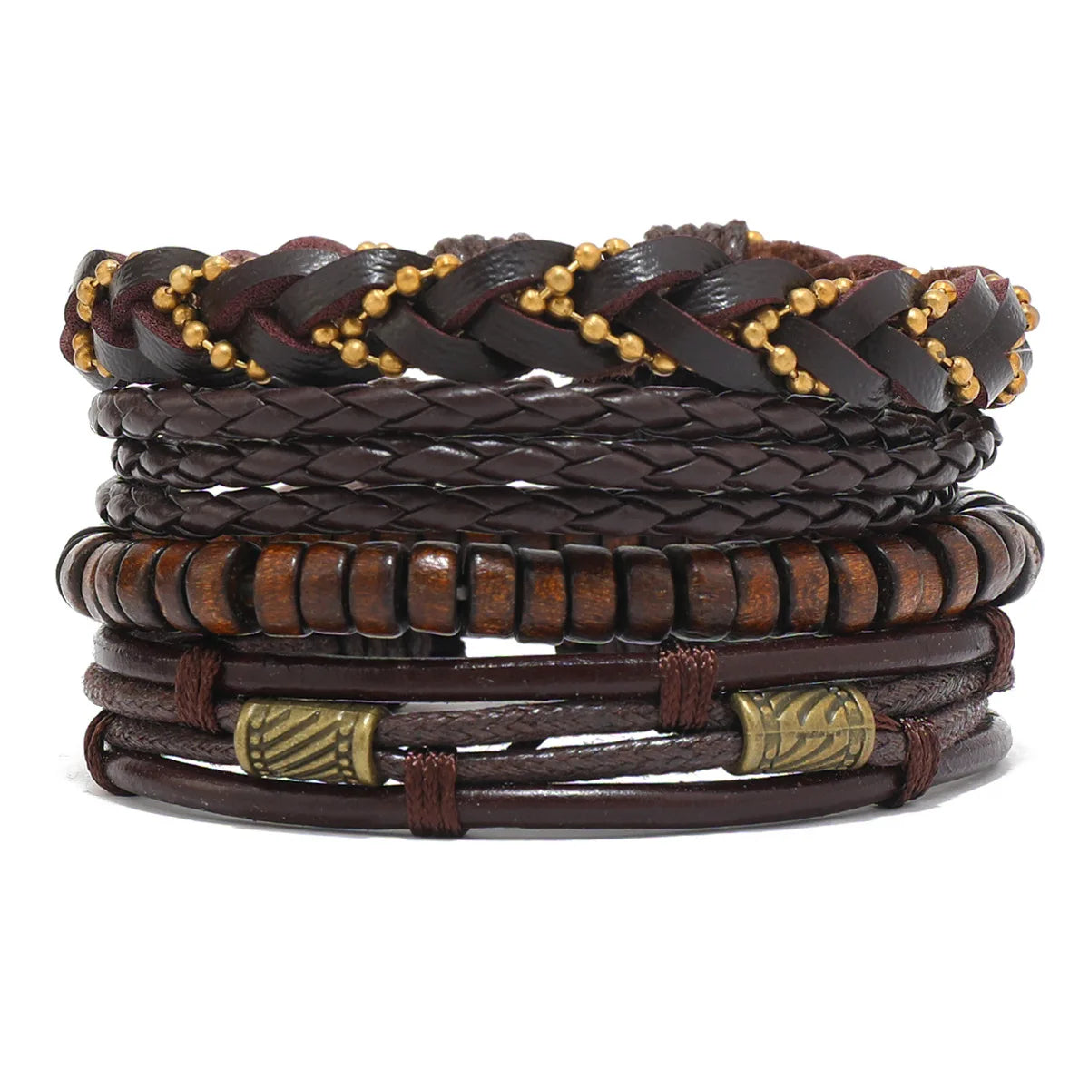 6/4PCS 3Style PU Wodeen Braided Wrap Leather Bracelet for Men Vintage Life Wood Beads Fashion Male Armband