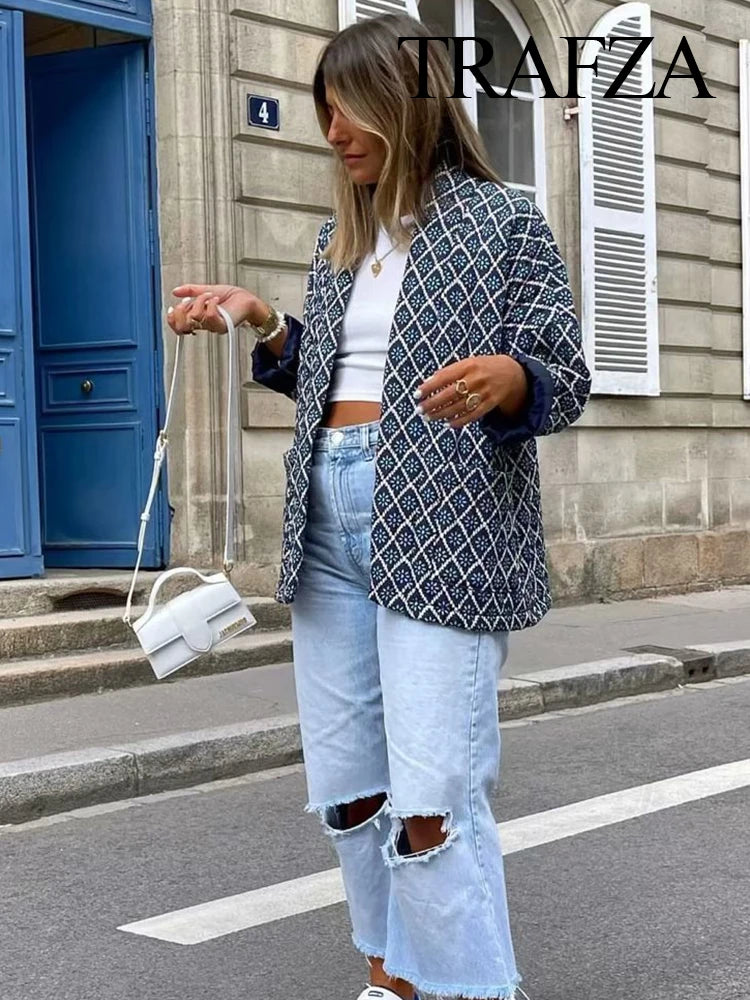 TRAFZA Vintage Patchwork Thick Cotton Jacket Women Loose Pocket Long Sleeve Autumn Winter Jacket Female O-Neck Ladies Outwear