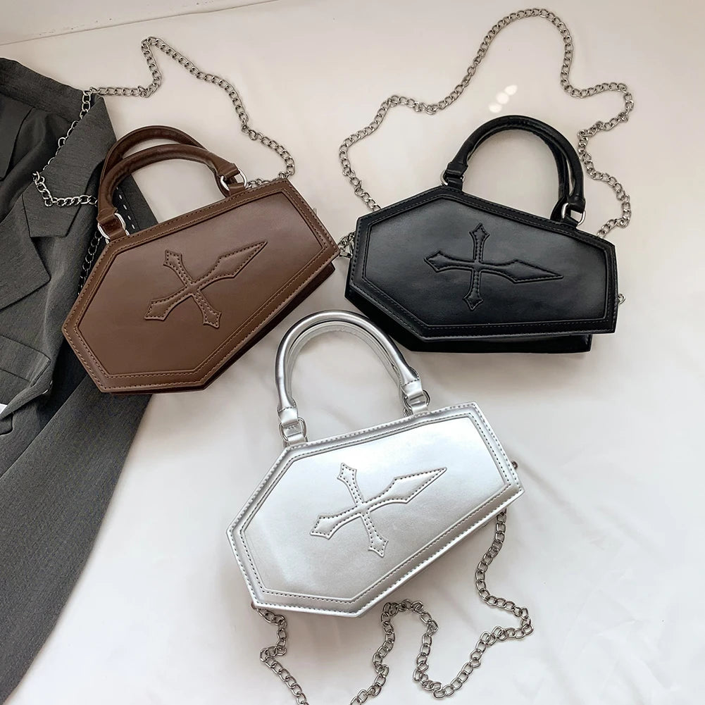 Women Crossbody Bag Large Capacity Coffin Shape Phone Shoulder Bag Halloween PU Top Handle Bag for Travel Make Up Cosmetic Bag