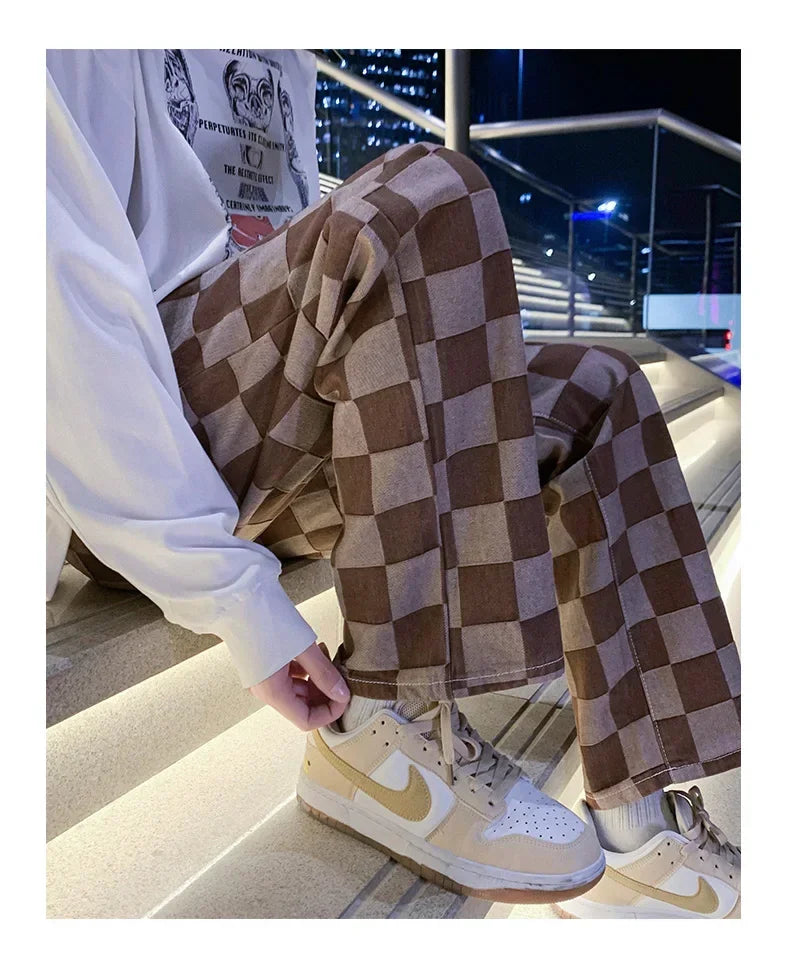 2024 Spring New Men's Brown Check Print Baggy Jeans Korean Fashion Streetwear Denim Straight Pants Male Brand Trousers