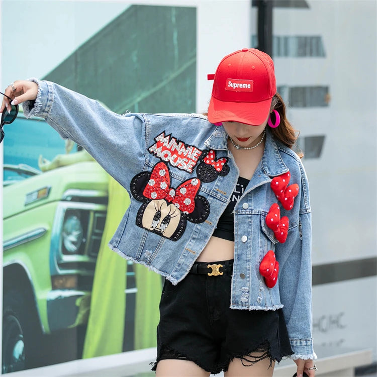 2024 New Women Coat Cartoon Sticker Embroidered Sequin Short Denim Jacket Loose Bowknot Top